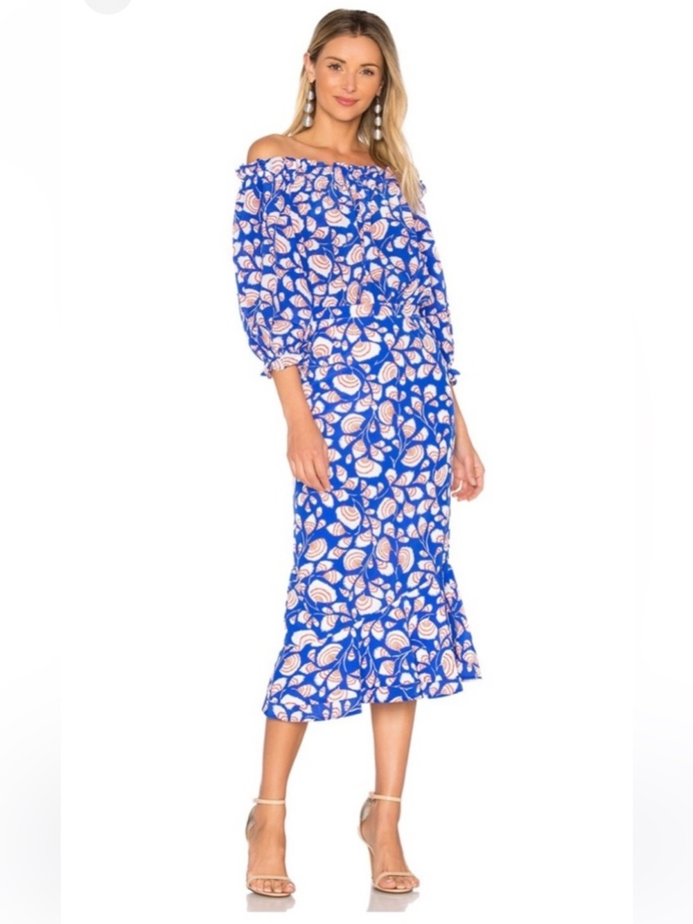 SALONI Blue Off Shoulder 100% Silk Floral Midi Dress Size 2